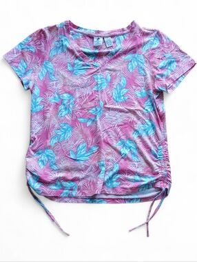 Caribbean Joe Size Large Purple Short Sleeve Leaf Print Tee with Blue Accents